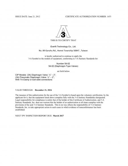 Certificat 3-A 1653-Valves à diaphragme